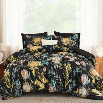 Comforter Set 7 Pieces Bedding Sets, Black Floral Comforter and Sheet Set