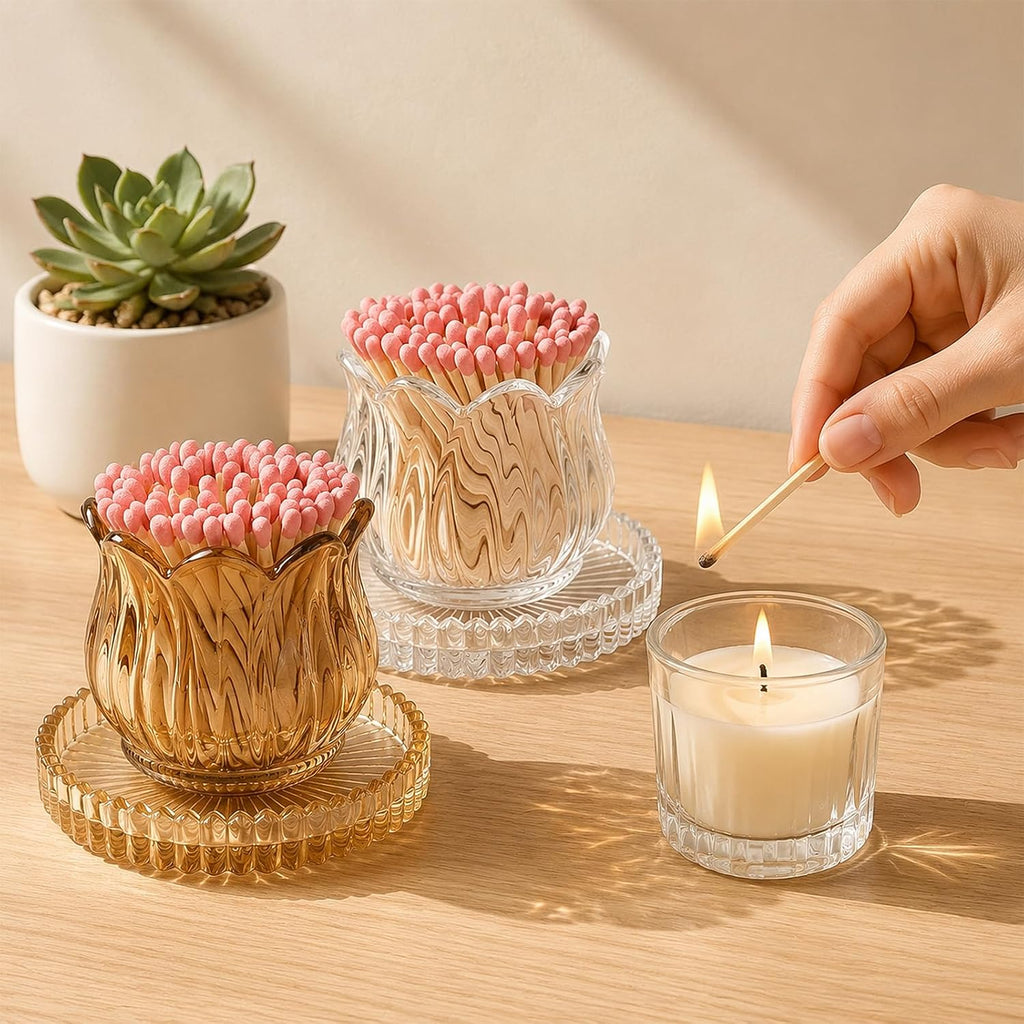 Glass Match Holder with Striker, Lily Shape Match Jar,Brown:Lily:1