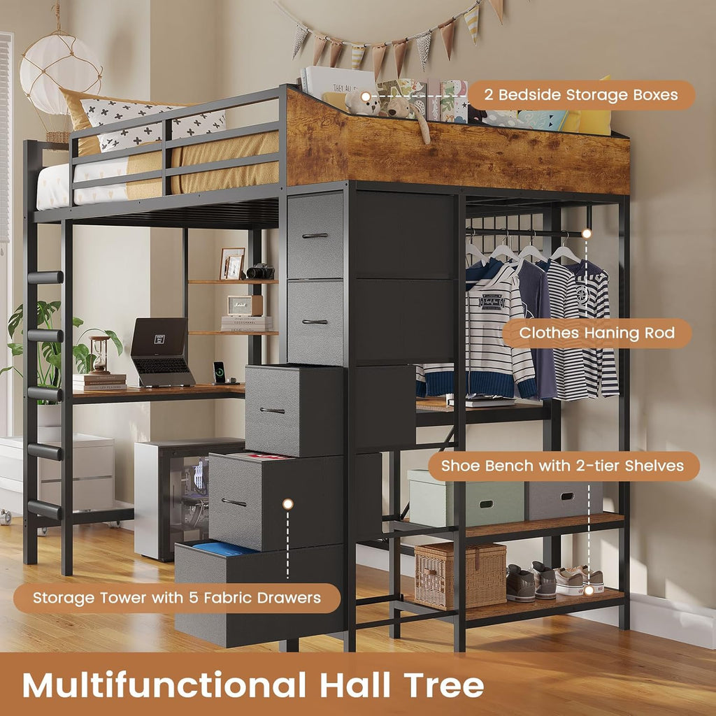 Loft Bed Twin with Hall Tree, Charging Station and LED Lights, Metal Loft Bed with L-Shaped Desk, 5 Storage Drawers