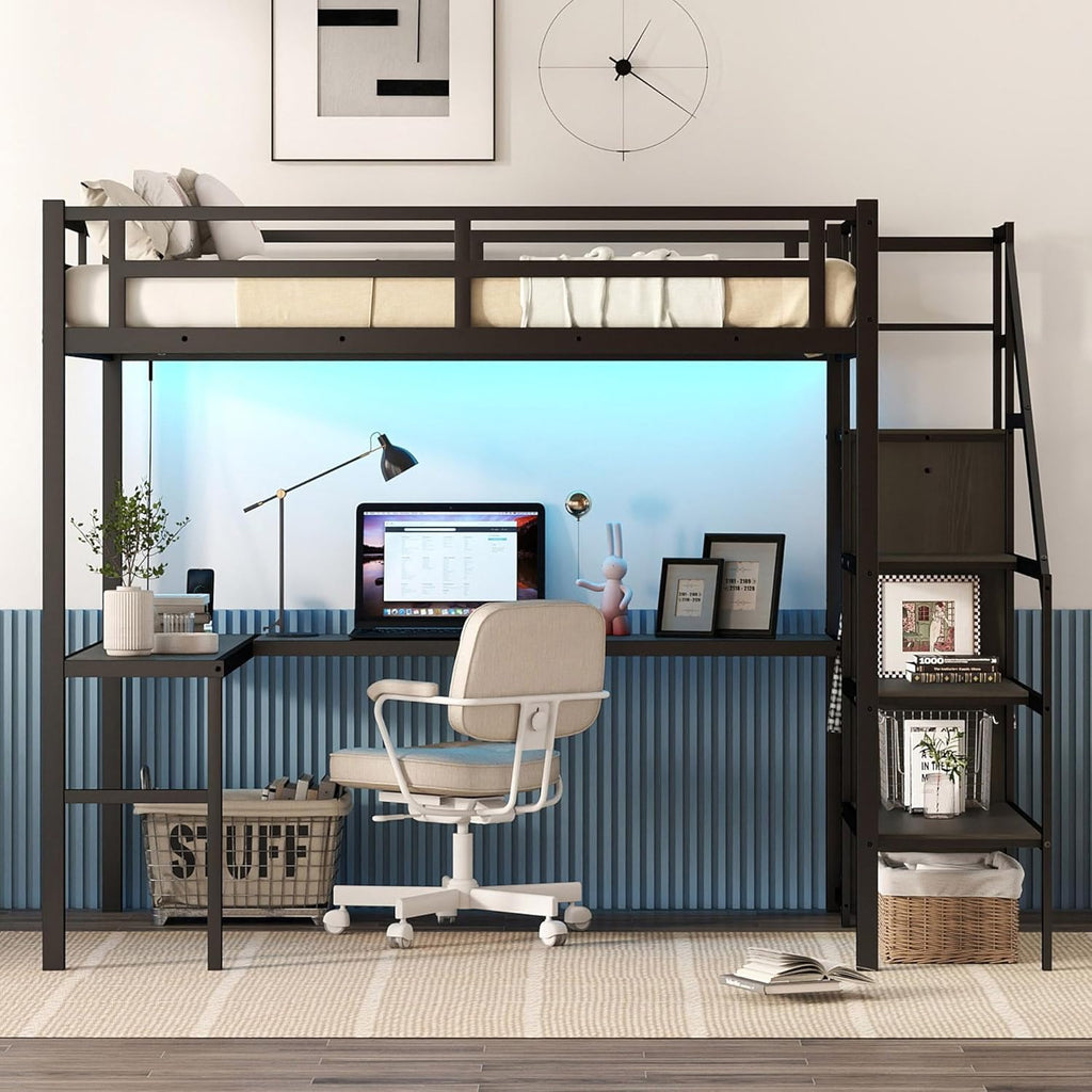 Metal Full Loft Bed with Desk and Wardrobe,Heavy Duty Loft Bed Frame with Storage Stairs,LED Lights and Charging