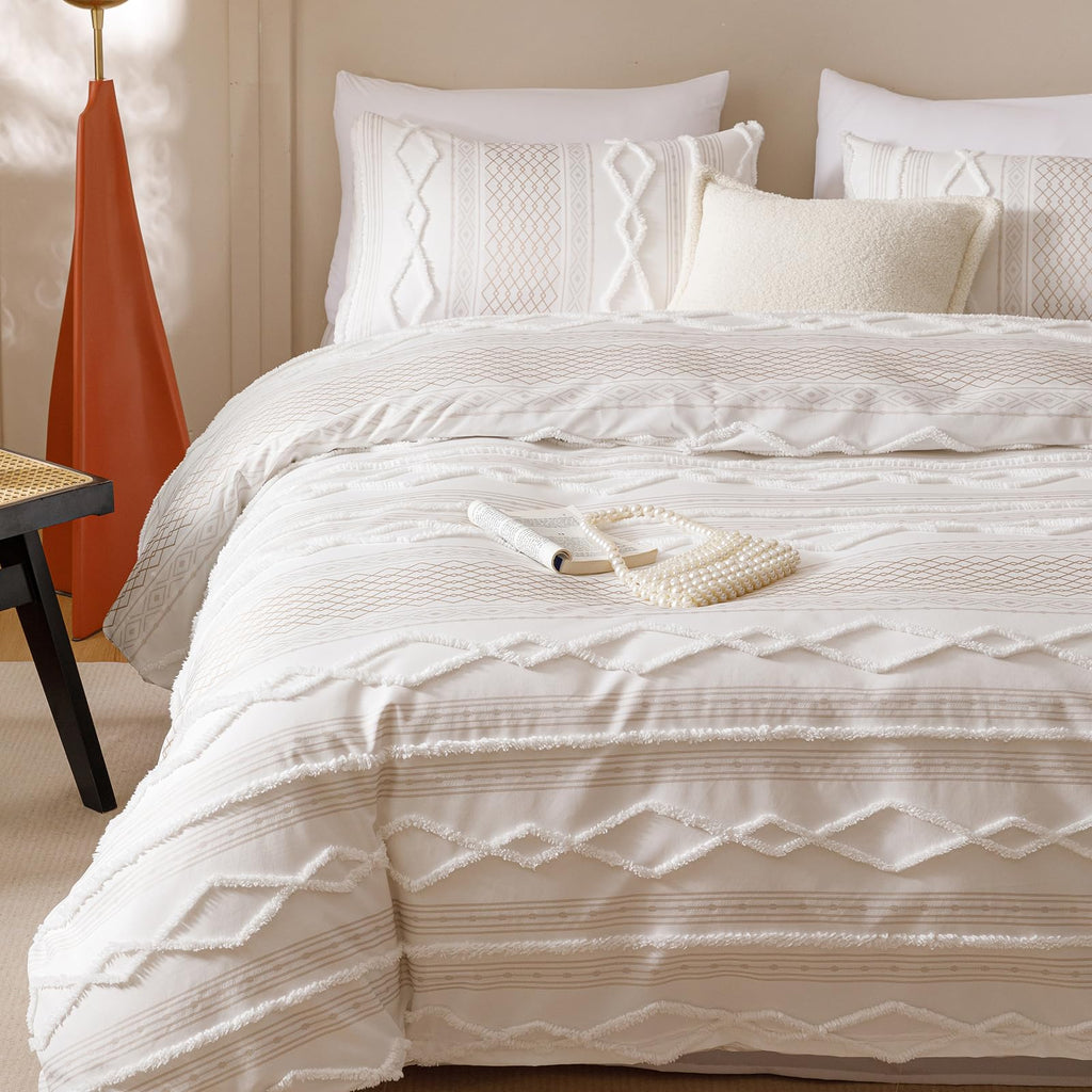 Ivory Boho Comforter Set Cal King Mixed Textures Jacquard Bedding Set Durable Chic and Stylish Bedroom Set