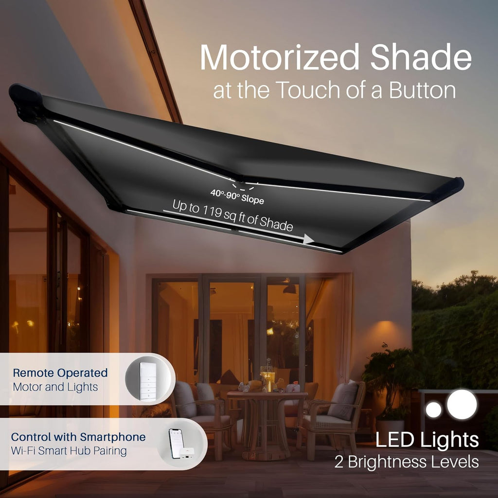 Electric Awning Full Cassette with LED (14x10) | Fully enclosed weatherproof housing, motorized remote extension