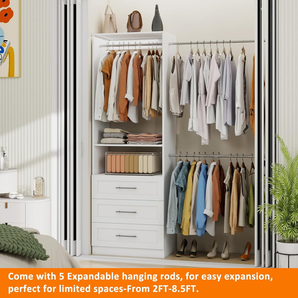 Closet System with 3 Drawers, 5-9FT Modular Organizer | Walk-in Closet Organizer System with 5 Expandable Hanging