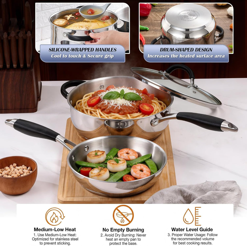 10-Piece Stainless Steel Cookware Set - Induction Pots and Pans Set | Tri-Ply Base with Stay-Cool Handles, Dishwasher