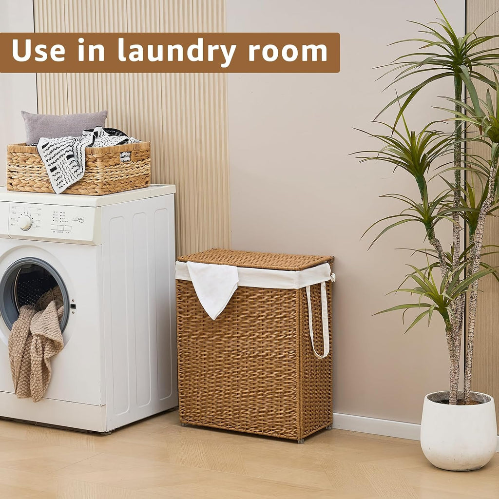 Slim Wicker Laundry Hamper with Lid, 75L Handwoven Rattan Basket with Handles, Narrow Laundry Basket with Removable