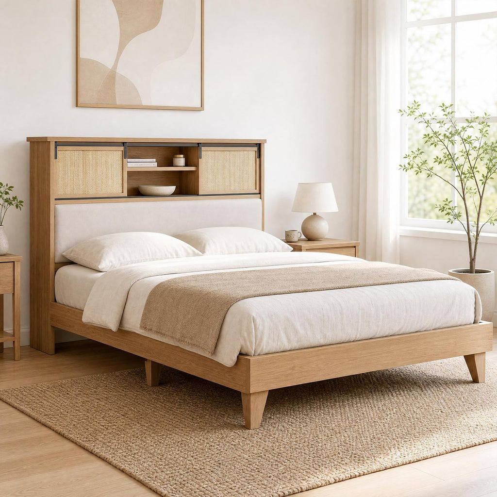 King Size Solid Wood Bed Frame with Bookcase Headboard, Platform Bed