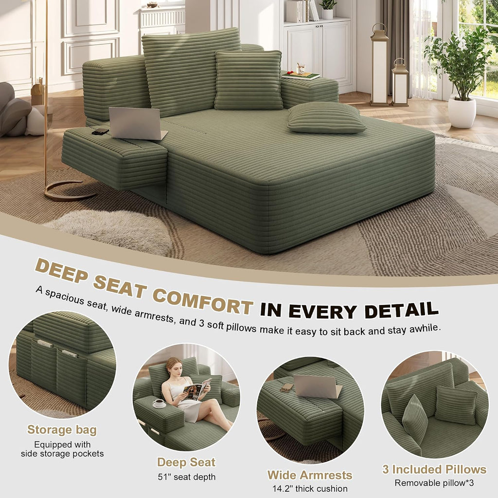 60.2" Oversized Chaise Lounge Chair, Boneless Corduroy Cloud Couch, Deep Seat Convertible Sofa Bed with 3 Pillows