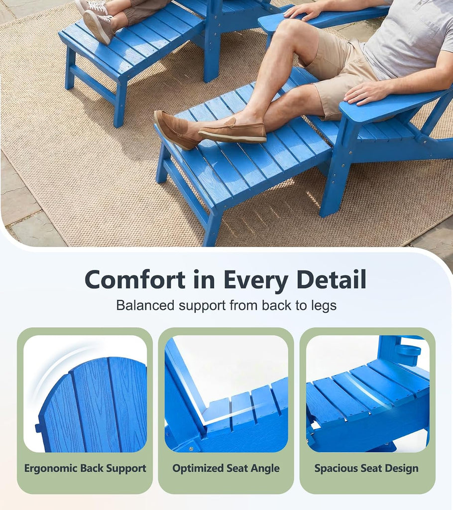 Folding Adirondack Chairs Set of 2 with Ottoman, 5-Position Adjustable Backrest, HDPE All-Weather Fire Pit Chairs
