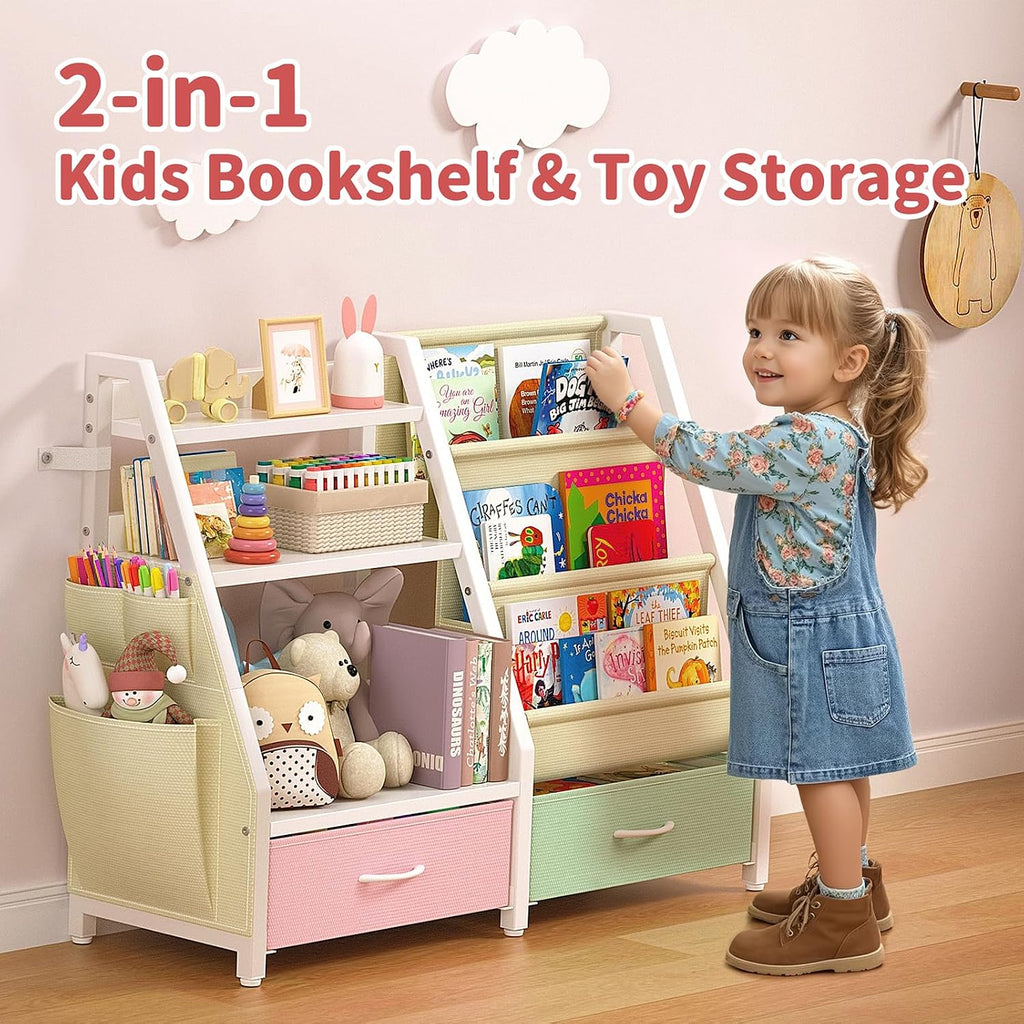 3 Tier Kids Bookshelf and Toy Organizer | 32.4"x11.8"x29.9", 3 Sling Pockets, 2 Bottom Drawers, Large Capacity Bins