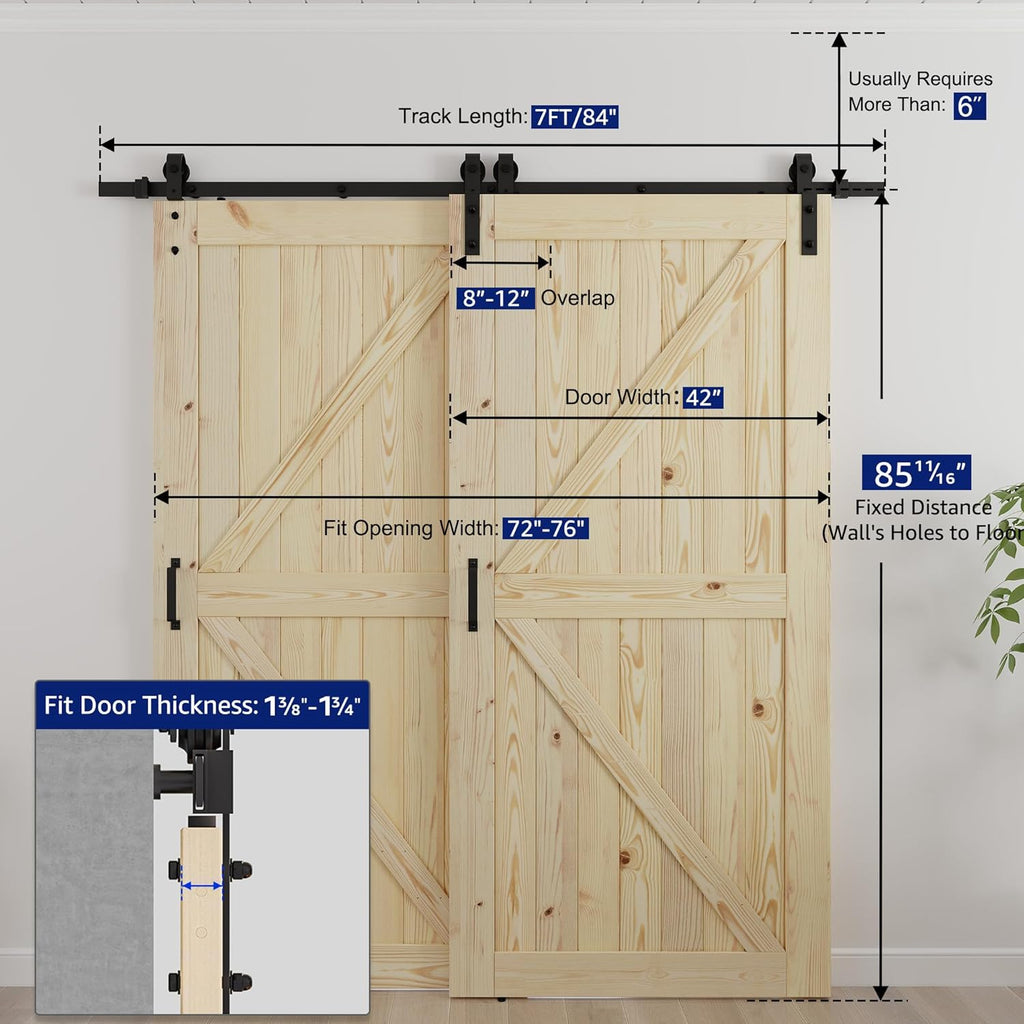 Double 42"x84" Bypass Barn Door with 7FT Track Hardware Kit Included, Unfinished Solid Wood, DIY Sup