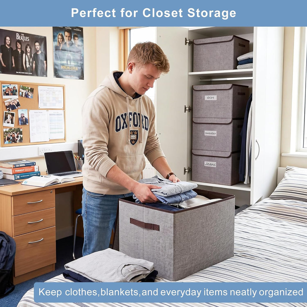 Large 17" 42 Quarts Collapsible Stackable Storage Bins with Lids [3-Pack] Foldable Fabric Linen Storage Boxes Cube