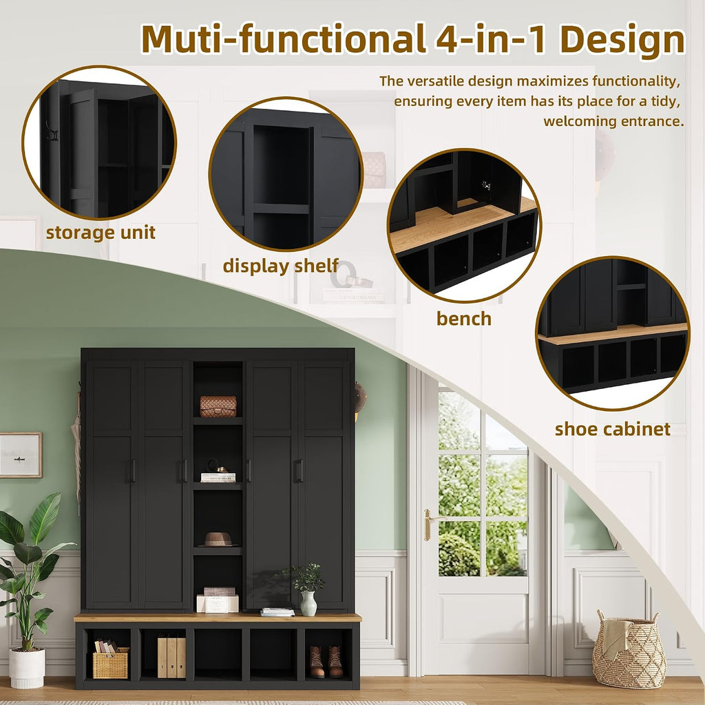 Modern Farmhouse Hall Tree with Bench, 4-in-1 Entryway Storage Cabinet & Shoe Organizer with Hooks, Black