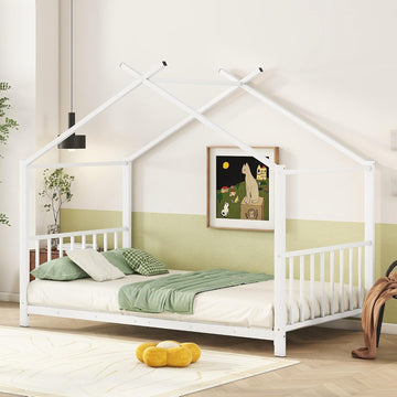 Twin Size Kids Montessori Floor Bed,Houe Bed Frame with High Headboard,Twin Floor Bed with Roof for Boys Girls,Floor