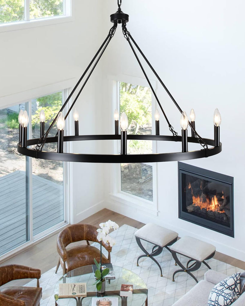 12-Light Black Wagon Wheel Chandelier for Dining Room Farmhouse Pendant Light Fixtures Outdoor for Rustic High