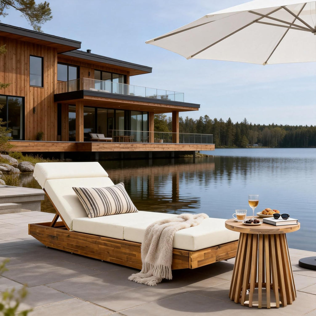 Modern Acacia Wood Outdoor Chaise Lounge with Dark Gray Water-Repellent Cushion & Integrated Headrest, Adjustable