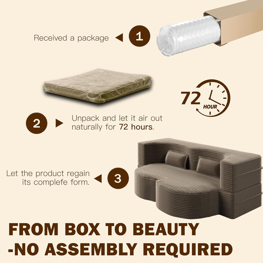 78" Convertible Futon Sofa Bed, Full Siz Corduroy Boneless Couch Bed, Brown | Sleeper Sofa Bed with Pillows & Deep