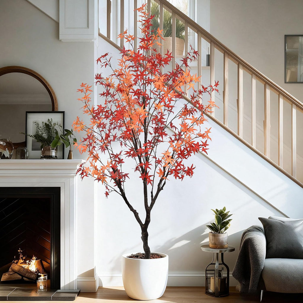 Maple Tree 7FT - Large Faux Plant Indoor with Orange Red Leaves & Realistic Trunk, 84" Tall Fake Autumn Maple Tree