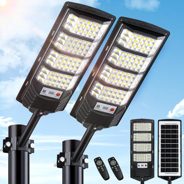 2 Pack Solar Street Lights Outdoor Waterproof,6500K LED Motion Sensor Lights,Dusk to Dawn Solar Flood Lights with