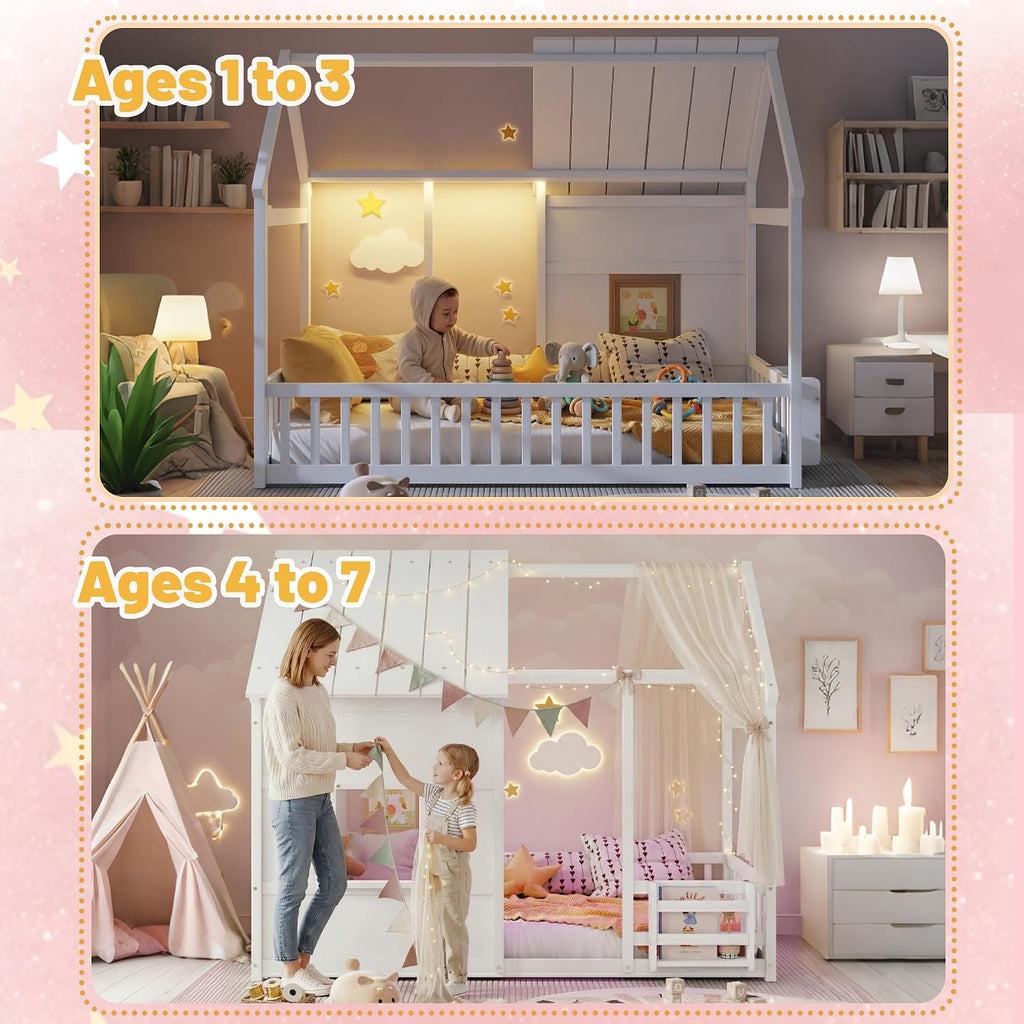 Tw Bed with LED Light and Bookcase, White House Bed for Kids with Rails, Roof and Window, Wood Twin Montessori Floor