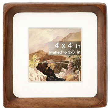 Square 4x4 Picture Frame with Mat for 3x3, Natural Walnut Wood Handcrafted Rounded Corner with Real Glass, Vertical