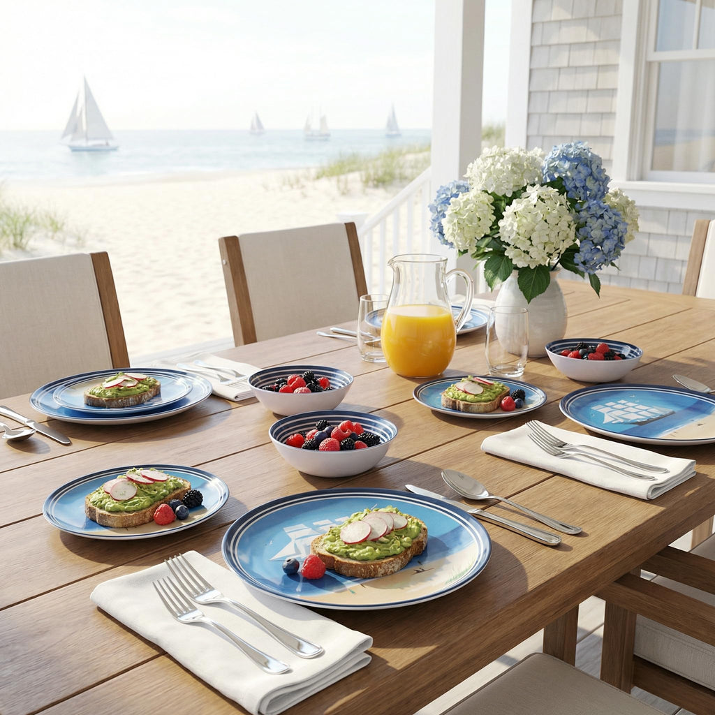 Outdoor Melamine Dinnerware Set for 4, 12-Piece Sailboat Plates and Bowls