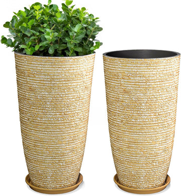 Set of 2 9 Gallon Tall Large planters for Outdoor/Indoor Plants of 12" Dia x 21" H Round Flower Pots Set Faux Stone