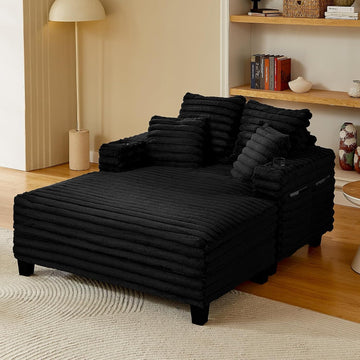 64" Oversized Chaise Lounge Chair with Wood Frame, 2 Cup Holders | 4 Storage Pockets, Plush Corduroy Fabric