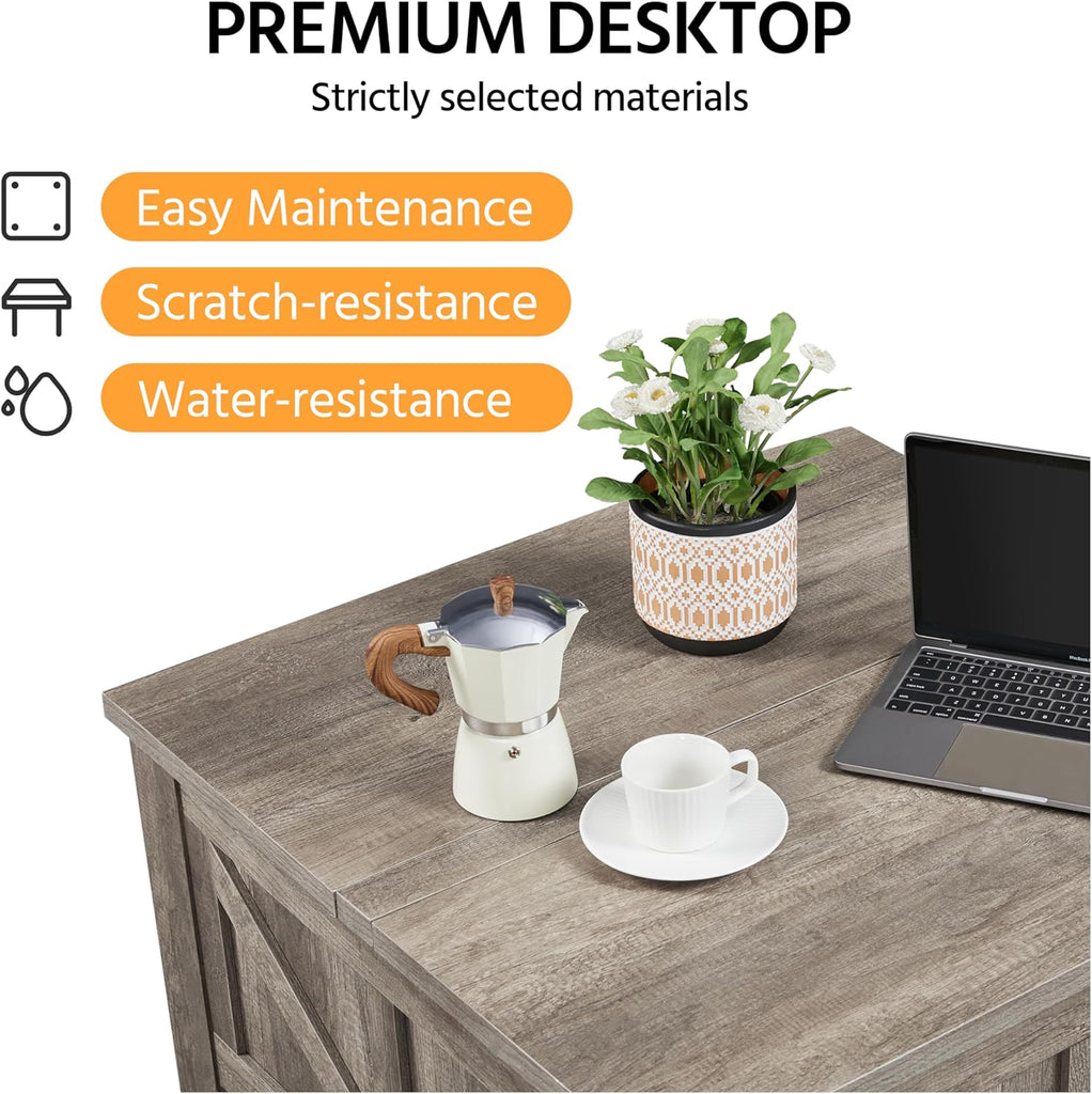 Lift Top Coffee Table, Square Farmhouse Coffee Table with Hidden Storage Compartment, Wood Center Table, Gray