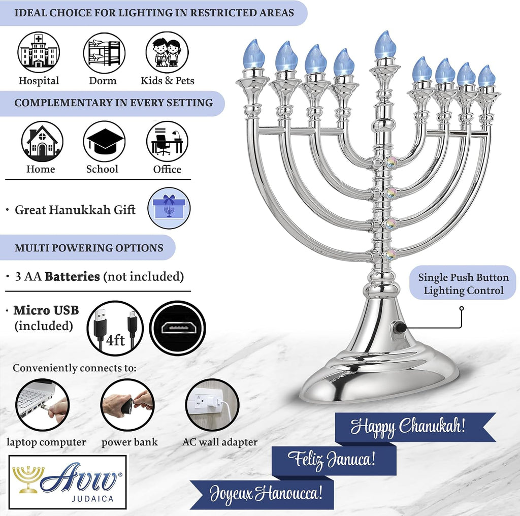 Traditional LED Electric Hanukkah - Battery or USB Powered, Includes Micro USB Cable (Metallic Silver, 6) - Set of 6