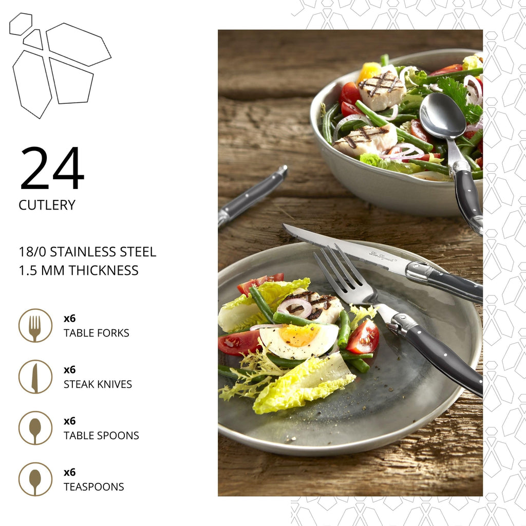 Silverware Set - 24-Piece, Anthracite Grey Tableware - Stainless Steel Flatware Set with Forks & Spoons & Grapefruit