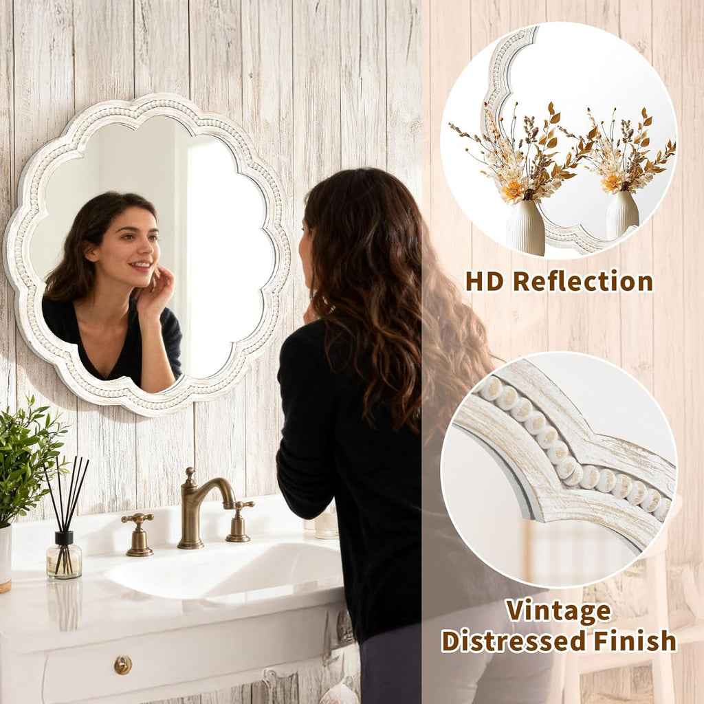 24 Inch Round Wall Mirror, Whitewashed Wooden Frame with Scalloped Edge & Beaded Trim, Decorative Farmhouse Boho Mirror