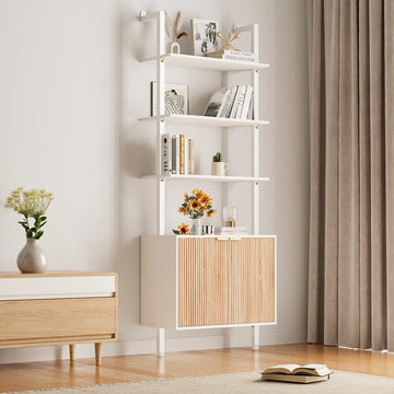 74" Tall Bookshelf with Storage Cabinet, Modern Ladder Shelf with Wood and Metal Frame, Wall Mount Bookcase Open
