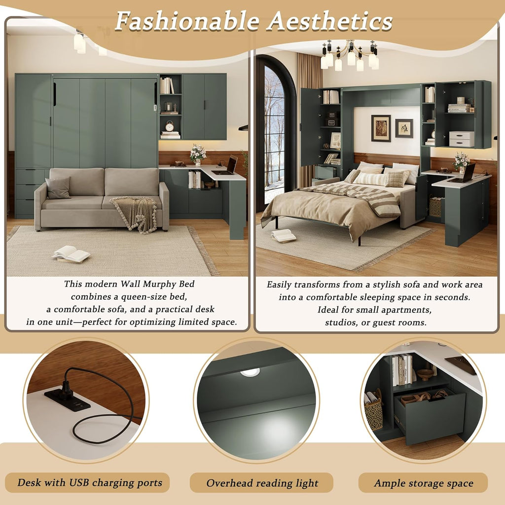 Queen Wood Murphy Bed with Upholstered Sofa & Desk, Multifunctional Foldable Wall Platform Bed w/USB Charging Station