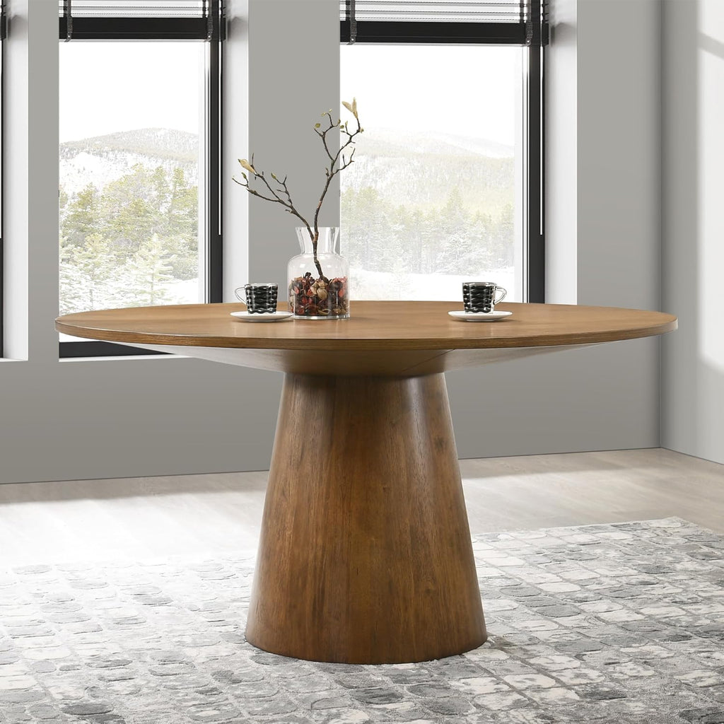 Terra 59" Round Transitional Dining Table, Engineered Wood, Smooth Finish, Mid-Century Modern Pedestal Base, 1" Thick