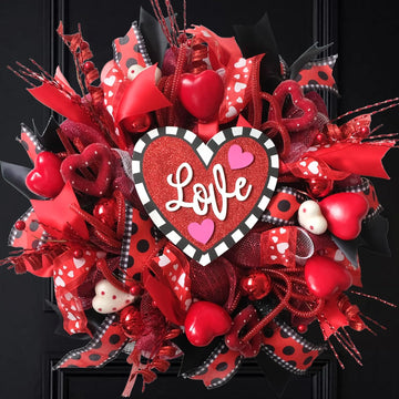 18 Inch Valentines Mesh Wreath for Front Door Artificial Red Rose Heart Valentines Day Decoration Wreath with Love
