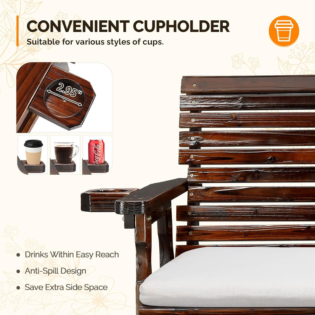 Wooden Patio Glider with Cushion, Heavy Duty 800 LBS Outdoor Glider with Cup Holders, 4 FT Wooden Glider Bench with