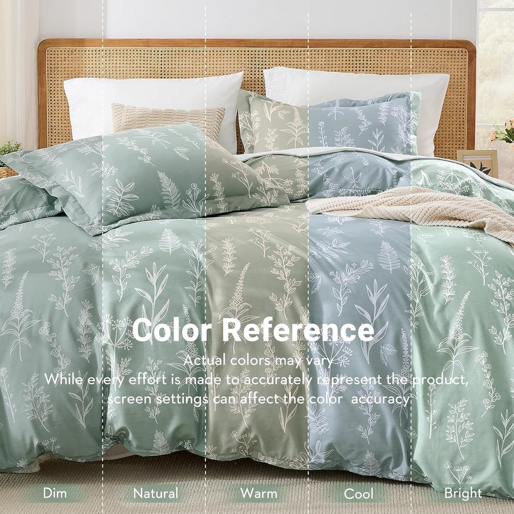 Duvet Cover, Reversible Floral Green Duvet Cover Set with Zipper Closure, 3 Pieces Botanical Patterns Soft