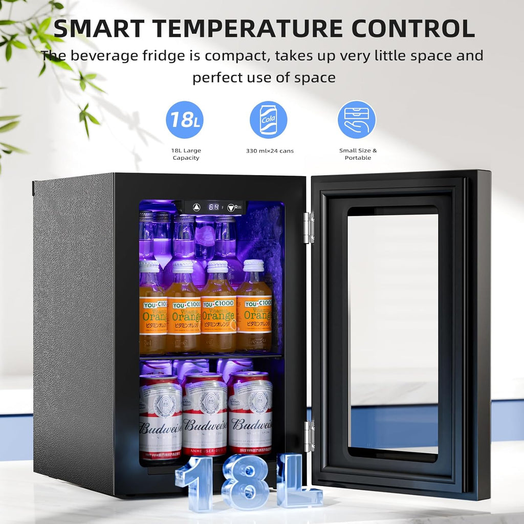18L Beverage Refrigerator Cooler 24Can, Mini Fridge with Quiet Compressor, LED L