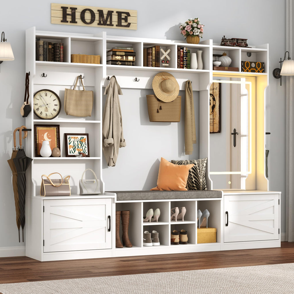 86.6''W Extra Large Farmhouse Hall Tree with Mirror Bench and Shoe Storage, Entryway Bench with Coat Rack, 6 Shoe