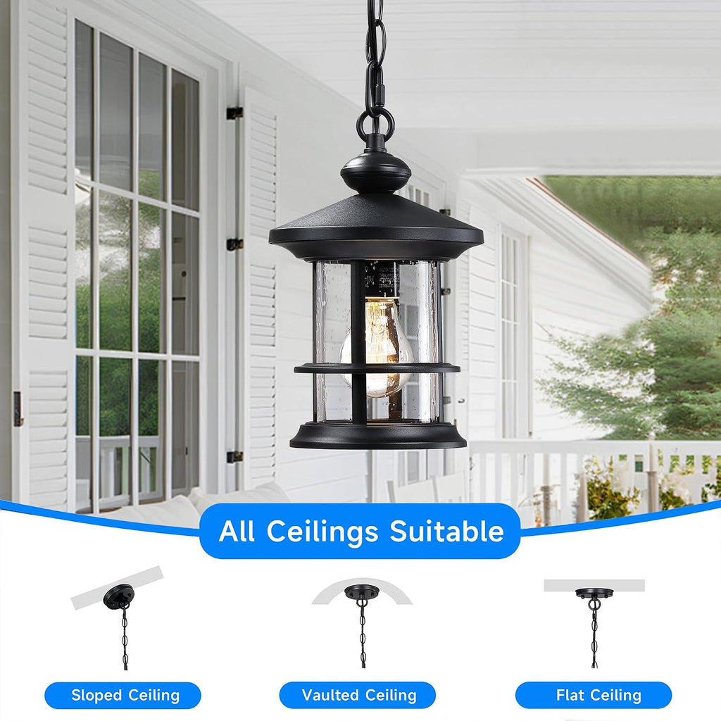 Vintage Hanging Porch Lantern, Matte Black Outdoor Pendant Light with Seeded Glass
