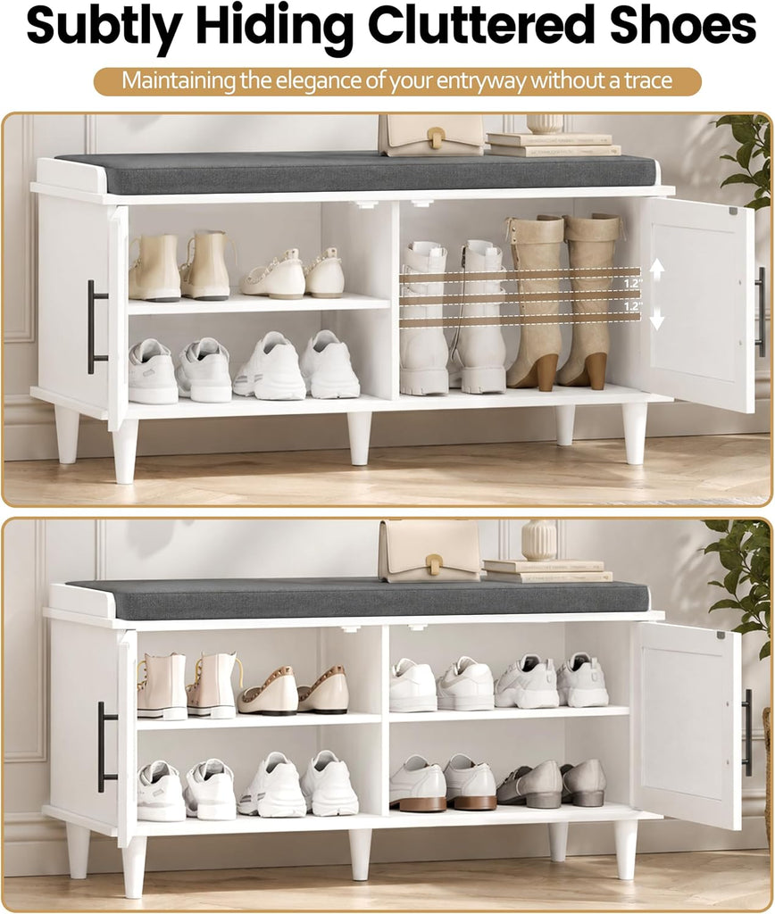 Rattan Shoe Storage Bench with Cushion, 2-Tier Entryway Bench with Adjustable Shelves and 2 Doors, 15" D x 39.4" W x