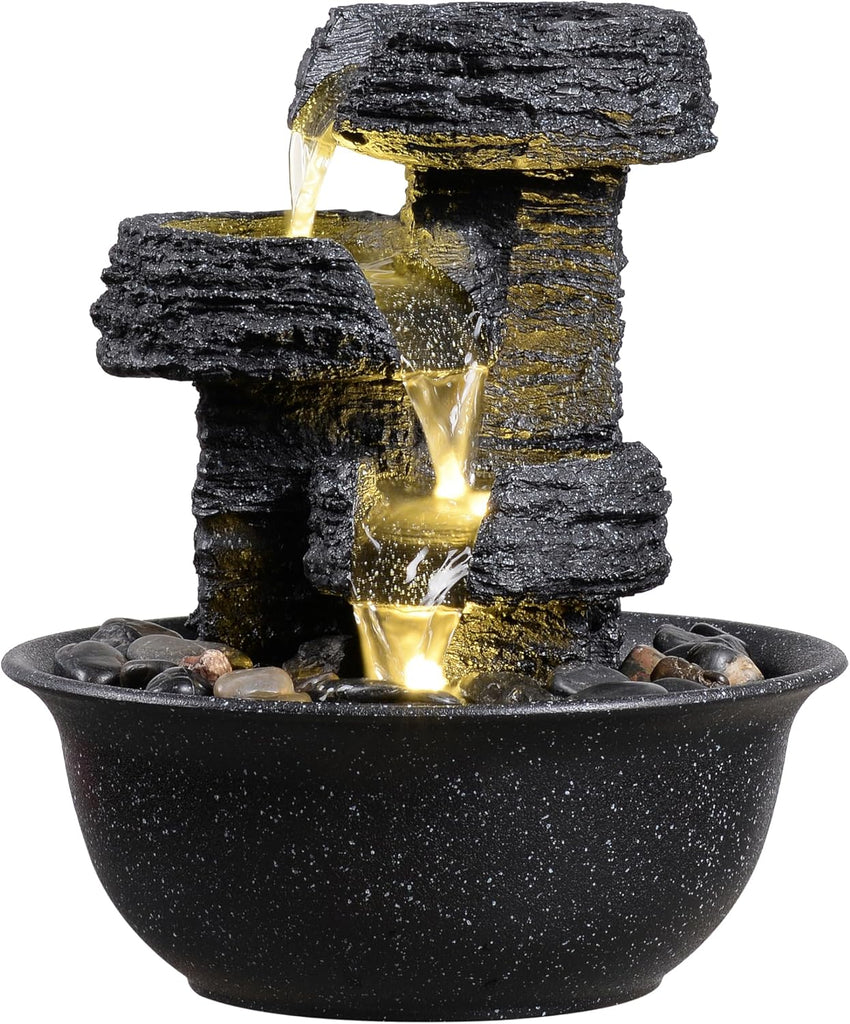 Rock Style Tabletop Fountain with LED Light - Indoor Waterfall Feature or Office Décor, Relaxing Zen Desktop Water