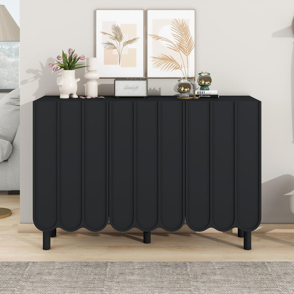 ON-Trend Cream Style Minimalist Shoe Cabinet with 5 Solid Wood Legs, Sideboard Buffet Cabinet with Adjustable