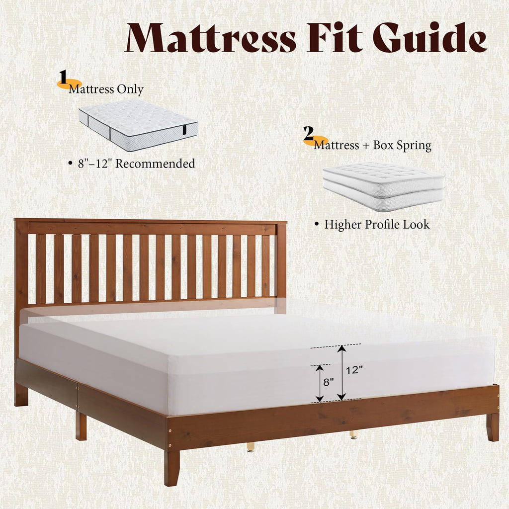 Solid Wood King Size Bed Frame with 46" Headboard, Walnut
