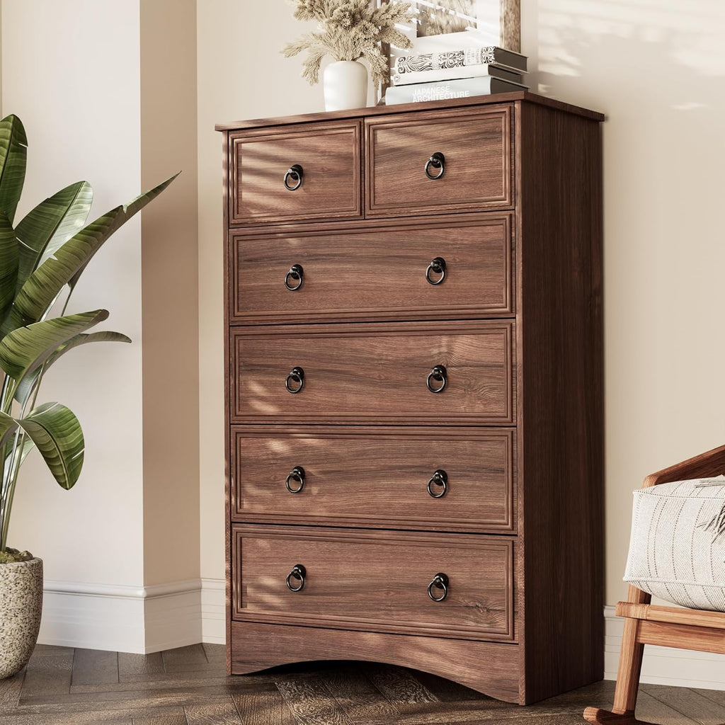 Dresser Tall, Mid Century Modern 6 Drawer Dresser, Cherry Wood Chest od Drawer with Large Storage for Clothes, Vintage