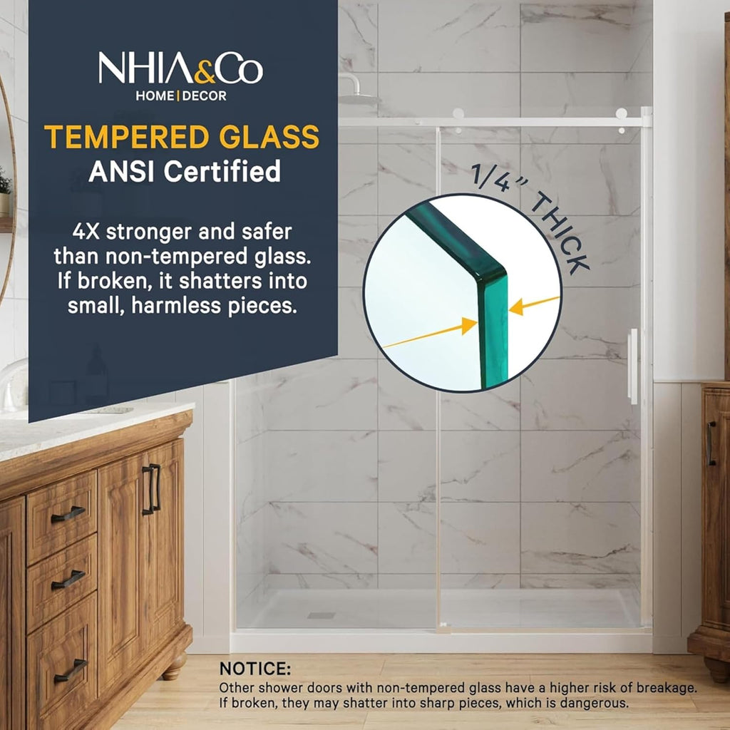 Semi-Frameless Sliding Shower Door - 56-60” x 75”, Tempered Glass Shower Door, Corrosion Resistant Hardware