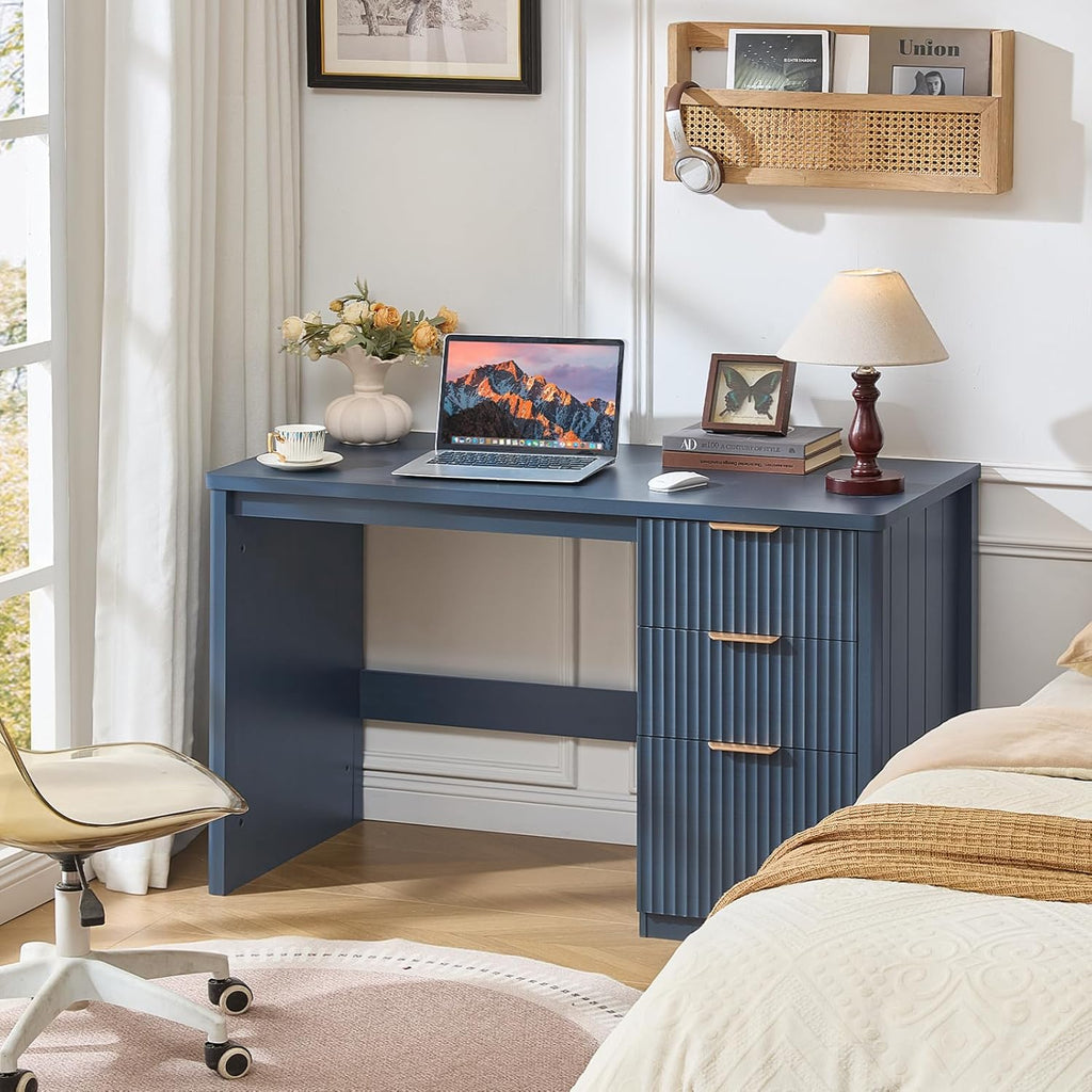 Office Desk 48" with 3 Drawers Storage File Cabinet Wood Fluted Desk for Computer Office Bedroom Home Furniture Blue