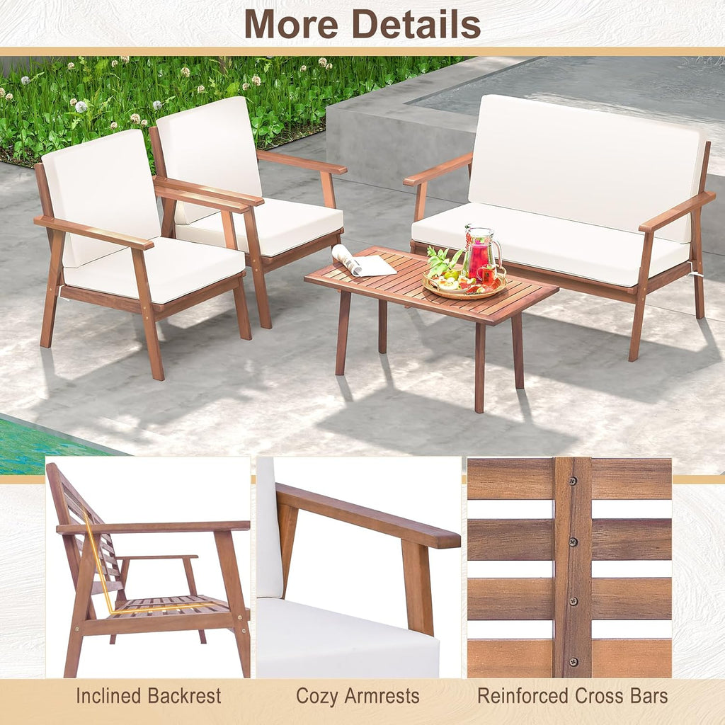 4 Piece Outdoor Conversation Set, Acacia Wood Sofa Set with Soft Seat & Back Cushions, Rectangle Coffee Table Patio