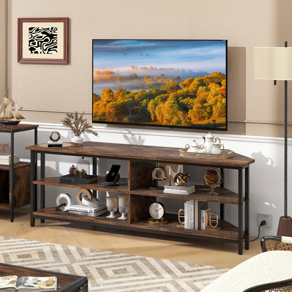 Corner TV Stand for TVs up to 65", TV Console Table w/AC Outlets, USB A Ports, USB C Port, Metal Frame & Storage