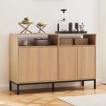 Farmhouse Buffet Sideboard Cabinet with Storage, Fluted Coffee Bar with Doors and Adjustable Shelves